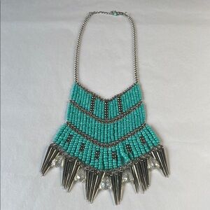 Blue and Silver Bib Necklace with Geometric‎ Beadwork